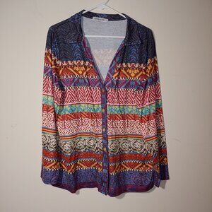 Misslook Southwest Aztec Print Button Down Long Sleeves Shirt Size XL Blue